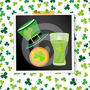Irish holiday Saint Patrick`s Day. Old photo on the wall of gold coins, glass of beer and hat on green background. Vector photo