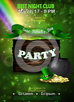 Irish holiday Saint Patrick`s Day. Party poster, disco night placard