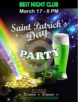 Irish holiday Saint Patrick`s Day. Party poster, disco night placard