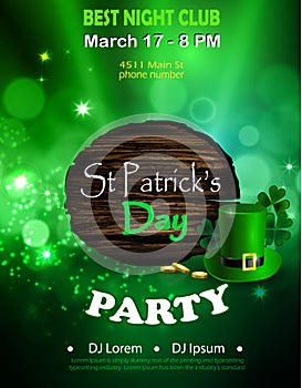 Irish holiday Saint Patrick`s Day. Party poster, disco night placard