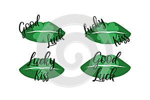 Irish kiss. Green lips with shamrock. Vector