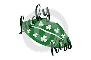 Irish kiss. Green lips with shamrock. Vector