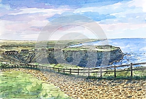 Irish landscape with stony road and fence photo