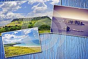 Irish landscapes - postards concept on colored wooden background