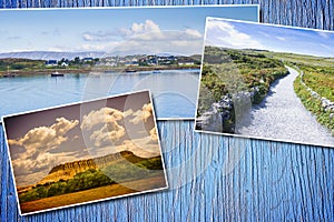 Irish landscapes - postards concept on colored wooden background