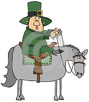 Irish leprechaun riding a gray horse