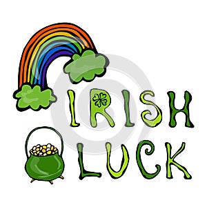Irish Luck Logo with Rainbow and Pot of Gold. In Circle frame of clover. Outline. Typographic design for St. Patrick Day. Savoyar