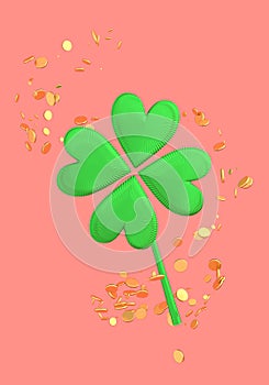 Irish lucky four-leaf clover and golden coins, St. Patrick`s Day concept 3D illustration