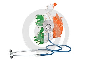 Irish map with stethoscope, national health care concept, 3D rendering
