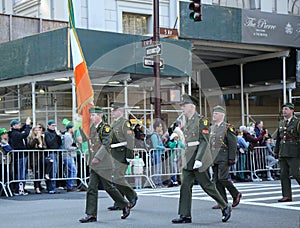 Irish military personnel marching at the St. Patrick`s Day Parade in New York.