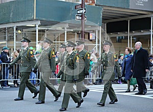 Irish military personnel marching at the St. Patrick`s Day Parade in New York.