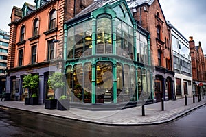 Irish pub in contemporary building window facade. Green decor elements. Street view