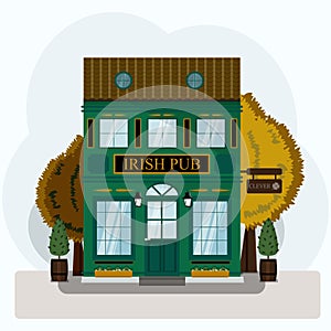 Irish pub exterior vector illustration. Flat design of facade. Beer house building concept. Emerald two-story restaurant