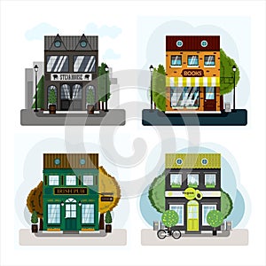 Irish pub exterior vector illustration. Flat design of facade. Beer house building concept. Emerald two-story restaurant