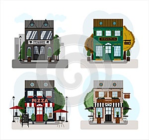 Irish pub exterior vector illustration. Flat design of facade. Beer house building concept. Emerald two-story restaurant