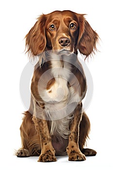 Irish setter sitting in front of white background and looking at camera