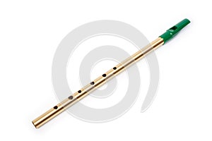 The Irish whistle is a longitudinal flute with a whistle device and six playing holes