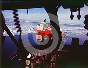 Irizar icebreaker saling across the antarctica, View of the bow of the ship and sea and ice to the horizon. Global warming is