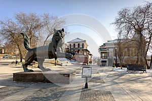 IRKUTSK, RUSSIA - NOVEMBER 6, 2019: Babr Sculpture siberian tiger symbol of Irkutsk city