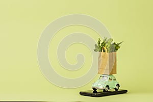 Irkutsk, Russia - October 3, 2020: Light green retro toy car carries paper shopping bags with green salad. Eco foods