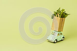 Irkutsk, Russia - October 3, 2020: Light green retro toy car carries paper shopping bags with green salad. Eco foods