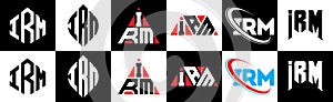IRM letter logo design in six style. IRM polygon, circle, triangle, hexagon, flat and simple style with black and white color photo
