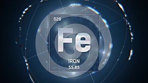 Iron as Element 26 of the Periodic Table 3D illustration on blue background