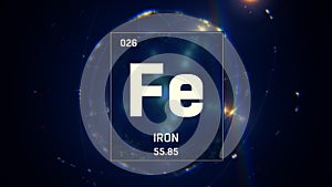Iron as Element 26 of the Periodic Table 3D illustration on blue background
