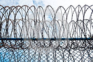 Iron Barbed wire in the blue sky with clouds