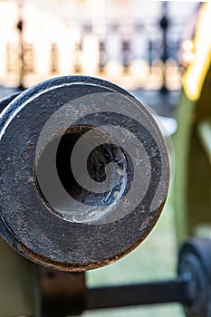 Iron barrel guns close up background army traditional cannon protection of the city