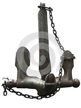 Iron black old rusty naval anchor isolated over white background
