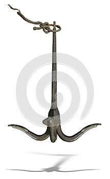 Iron black old rusty naval anchor isolated over white background