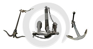 Iron black old rusty naval anchor isolated over white background