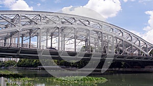 Iron bridge over murky polluted Pasig River