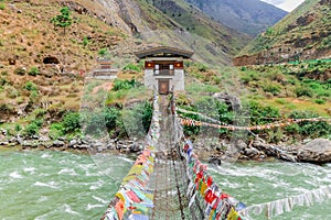 Iron Bridge of Tamchog Lhakhang Monastery, Paro River, Bhutan.