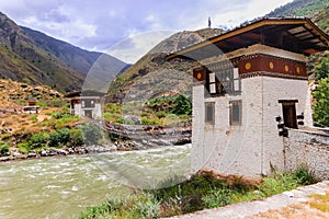 Iron Bridge of Tamchog Lhakhang Monastery, Paro River, Bhutan.