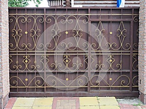Iron brown fence with a wrought iron gilded pattern