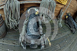 Iron cannon on sail ship