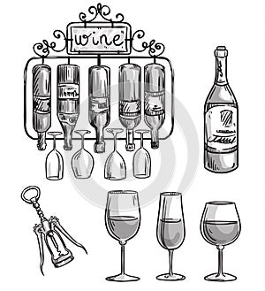 Iron cast wine holder, bottles and glasses.