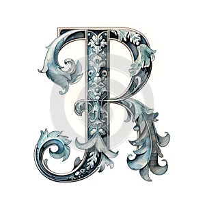 iron casted letter R takes center stage, isolated against a pristine white background. photo