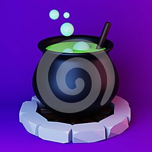 Iron cauldron on fire with green potion 3d render