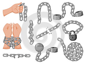 Iron chain set. Assortment of heavy metallic chains. Monochrome curled iron chain broken in half