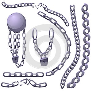 Iron chains, shackles with heavy ball and padlock