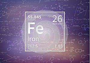 Iron chemical element with first ionization energy, atomic mass and electronegativity values on scientific background
