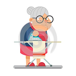 Iron clothes Household Granny Old Lady Character Cartoon Flat Design Vector illustration