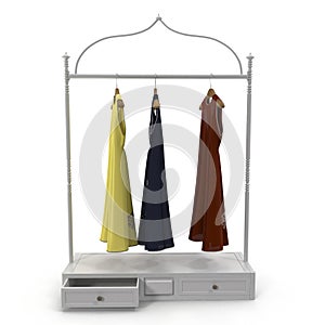 Iron Clothing Display Rack with Dresses on white. Front view. 3D illustration