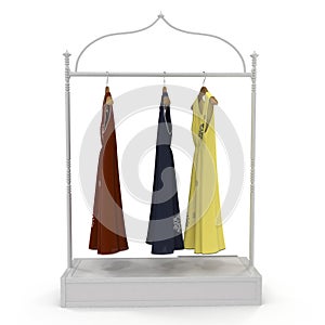 Iron Clothing Display Rack with Dresses on white. Front view. 3D illustration