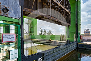 Iron construction of boatlift near German magdeburg with proscription warning