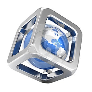 Iron Cube around blue earth photo