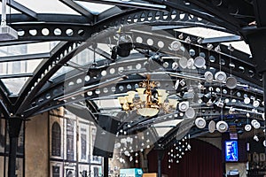 Iron curved roof beams in a cafe